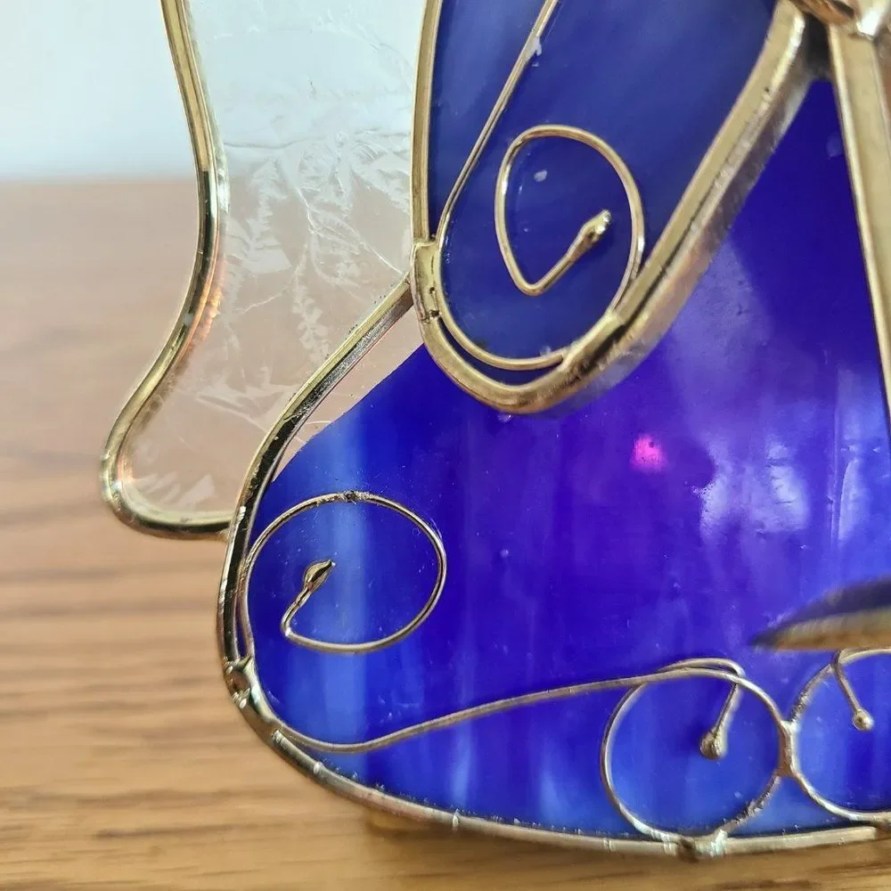 Vintage Stained Glass Tealight Holder Angel Trumpet Candle Display Cobalt Blue